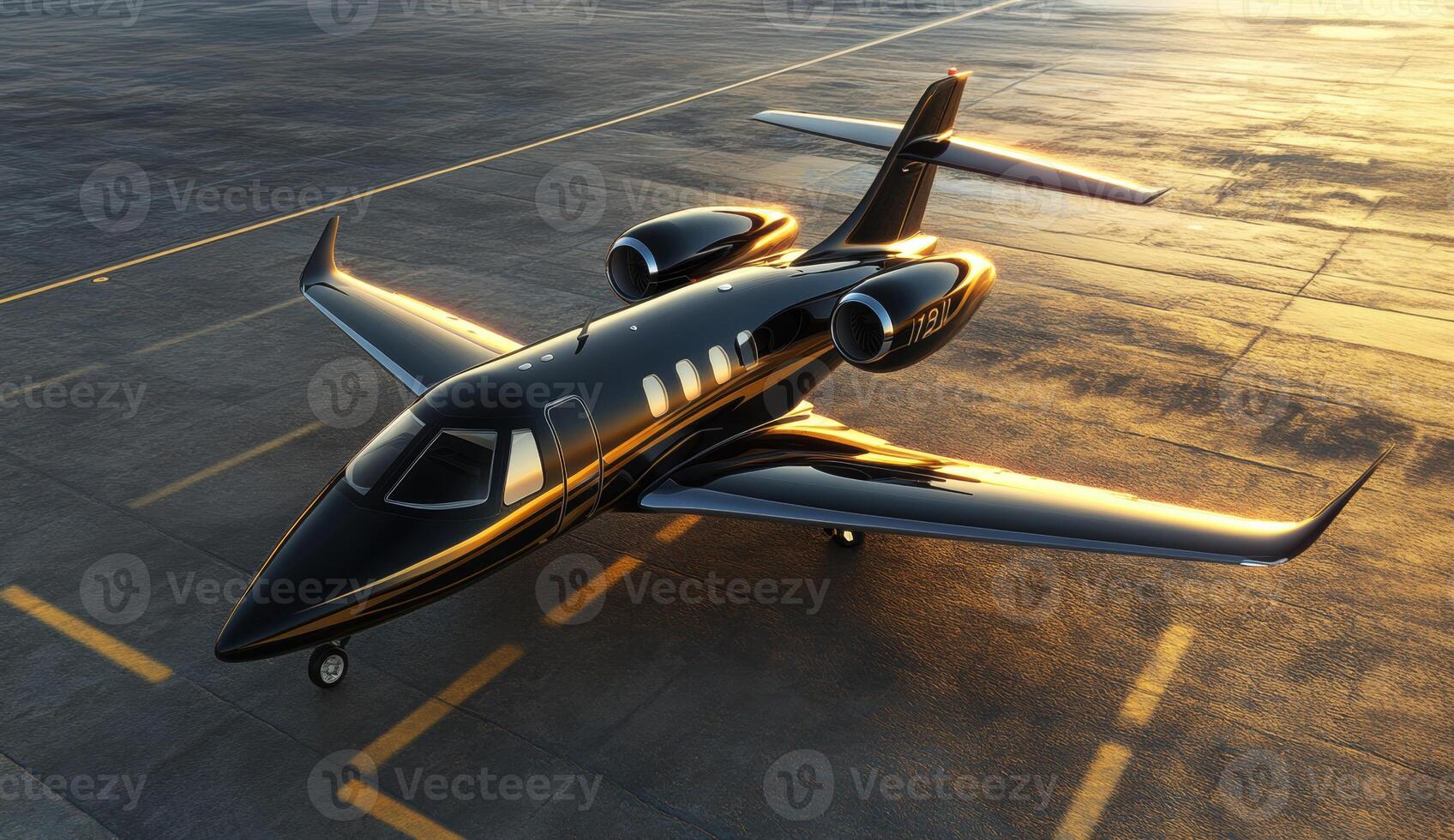 Luxury private jet on tarmac at sunset