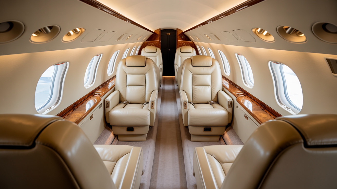 Luxurious private jet interior with premium leather seats